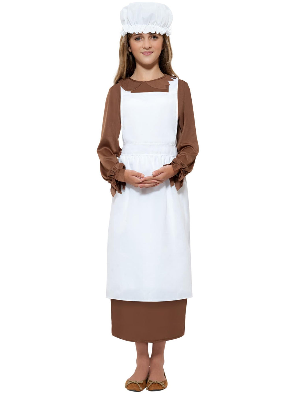 Girl wearing a Victorian white mob cap and long white apron