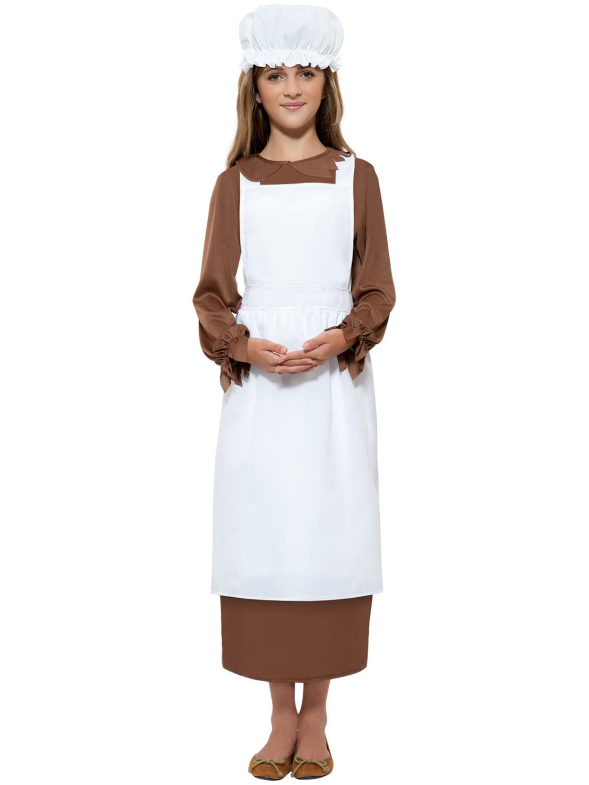 Girl wearing a Victorian white mob cap and long white apron