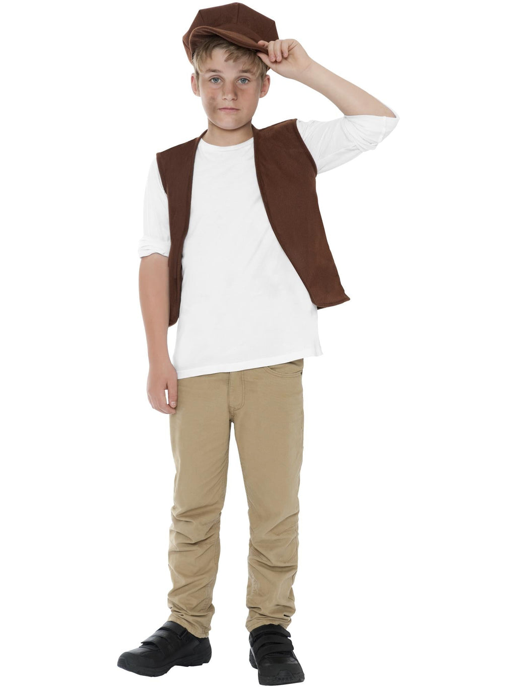 Boy wearing a Victorian urchin brown flat cap and brown waistcoat