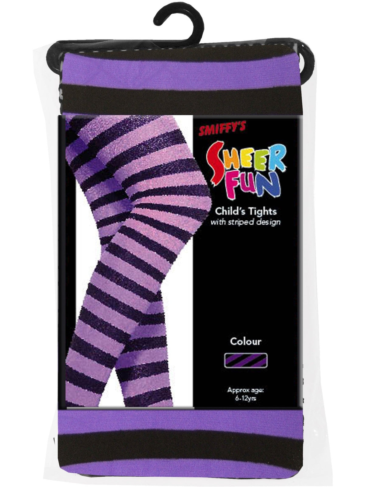 Purple and black striped tights in their retail packaging