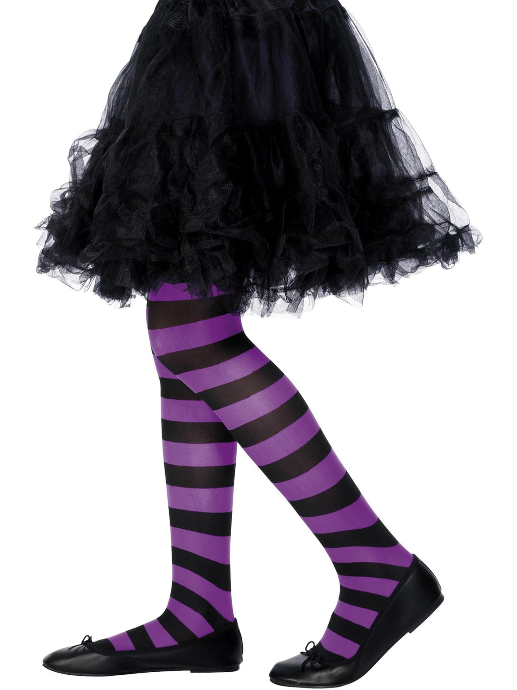Child's legs wearing purple and black striped tights