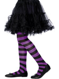 Child's legs wearing purple and black striped tights