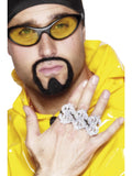 Hand wearing a large silver diamante dollar sign ring across three fingers
