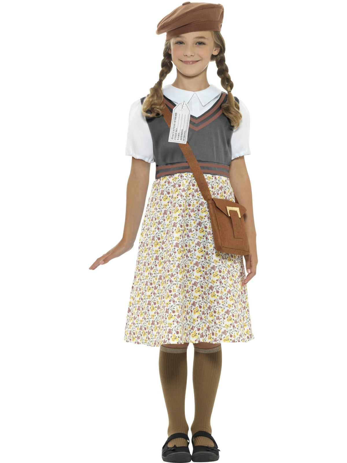 Girl in evacuee school girl dress with grey vest bodice, floral skirt, beret and satchel