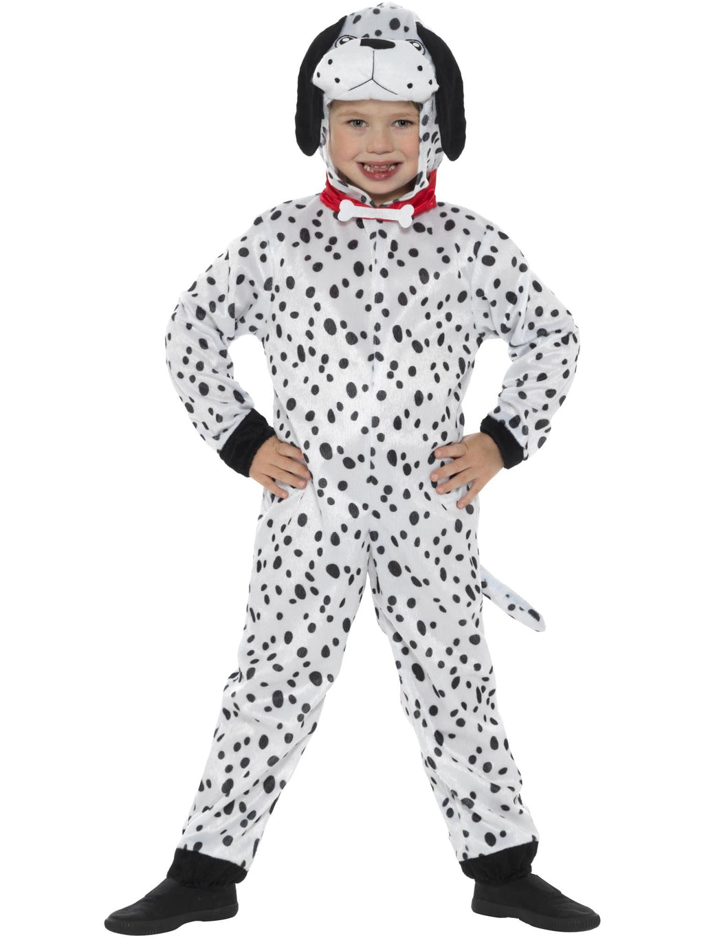 Child in Dalmatian jumpsuit with spotted hood, black ears and red collar, hands on hips