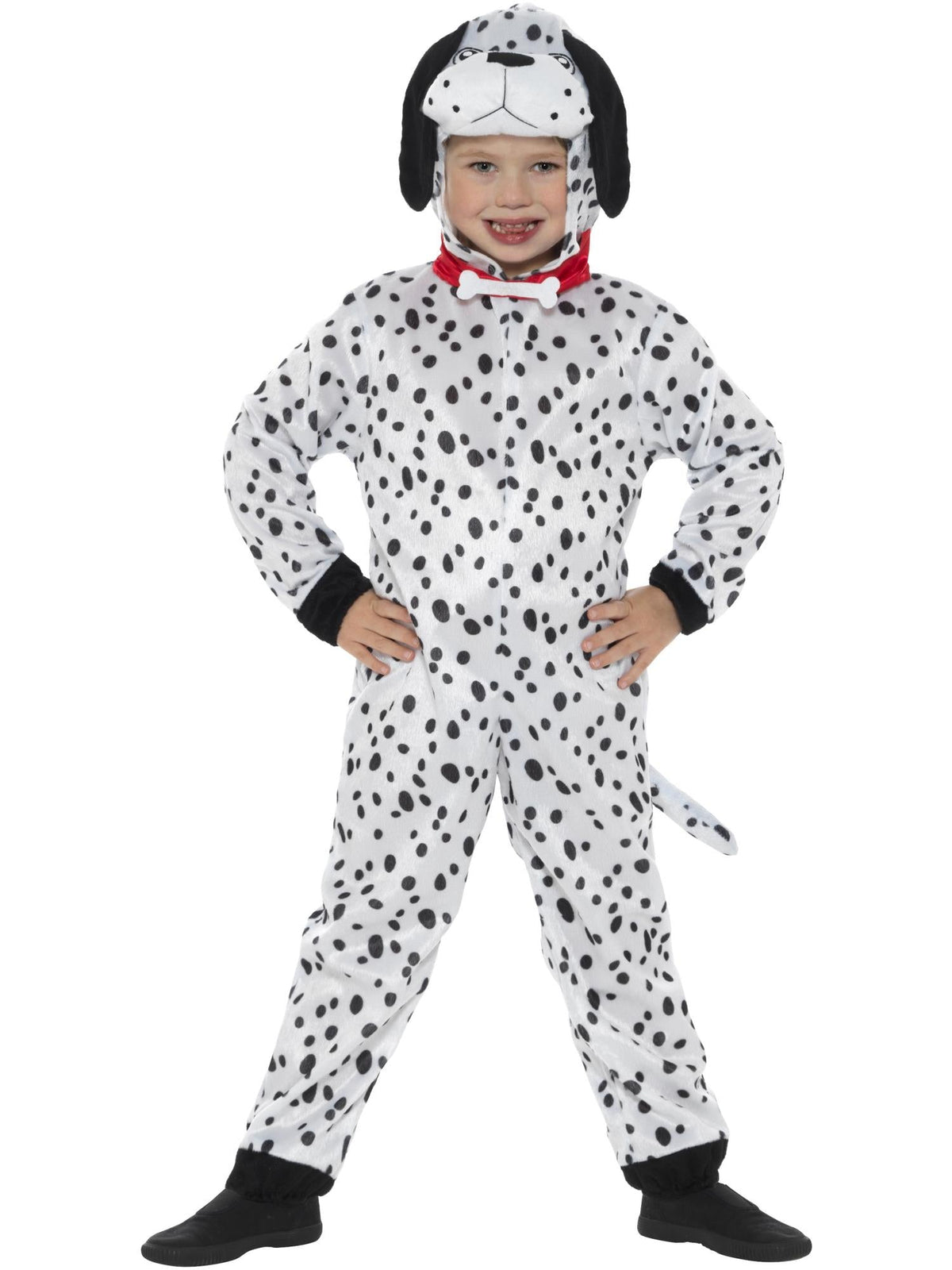 Child in Dalmatian jumpsuit with spotted hood, black ears and red collar, hands on hips