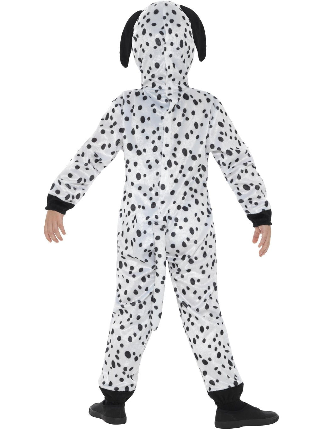 Back view of the Dalmatian plush jumpsuit with hood and tail