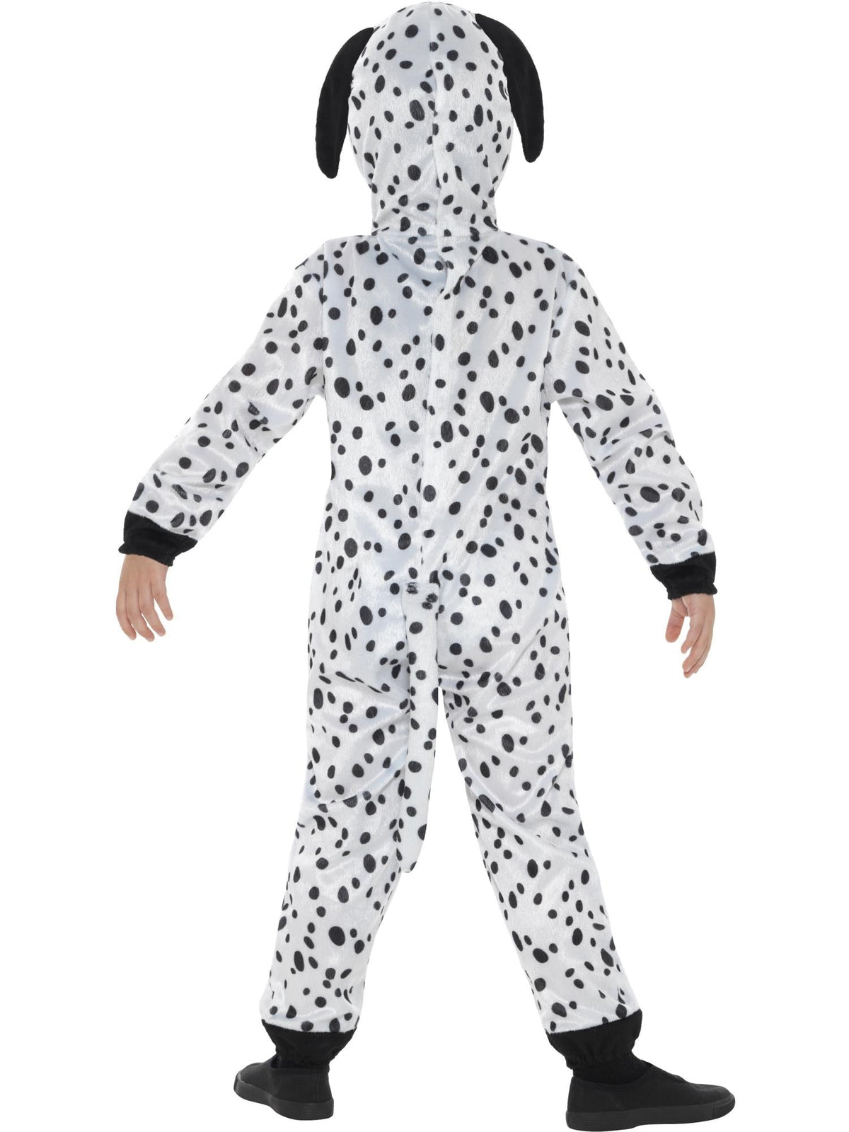 Back view of the Dalmatian plush jumpsuit with hood and tail
