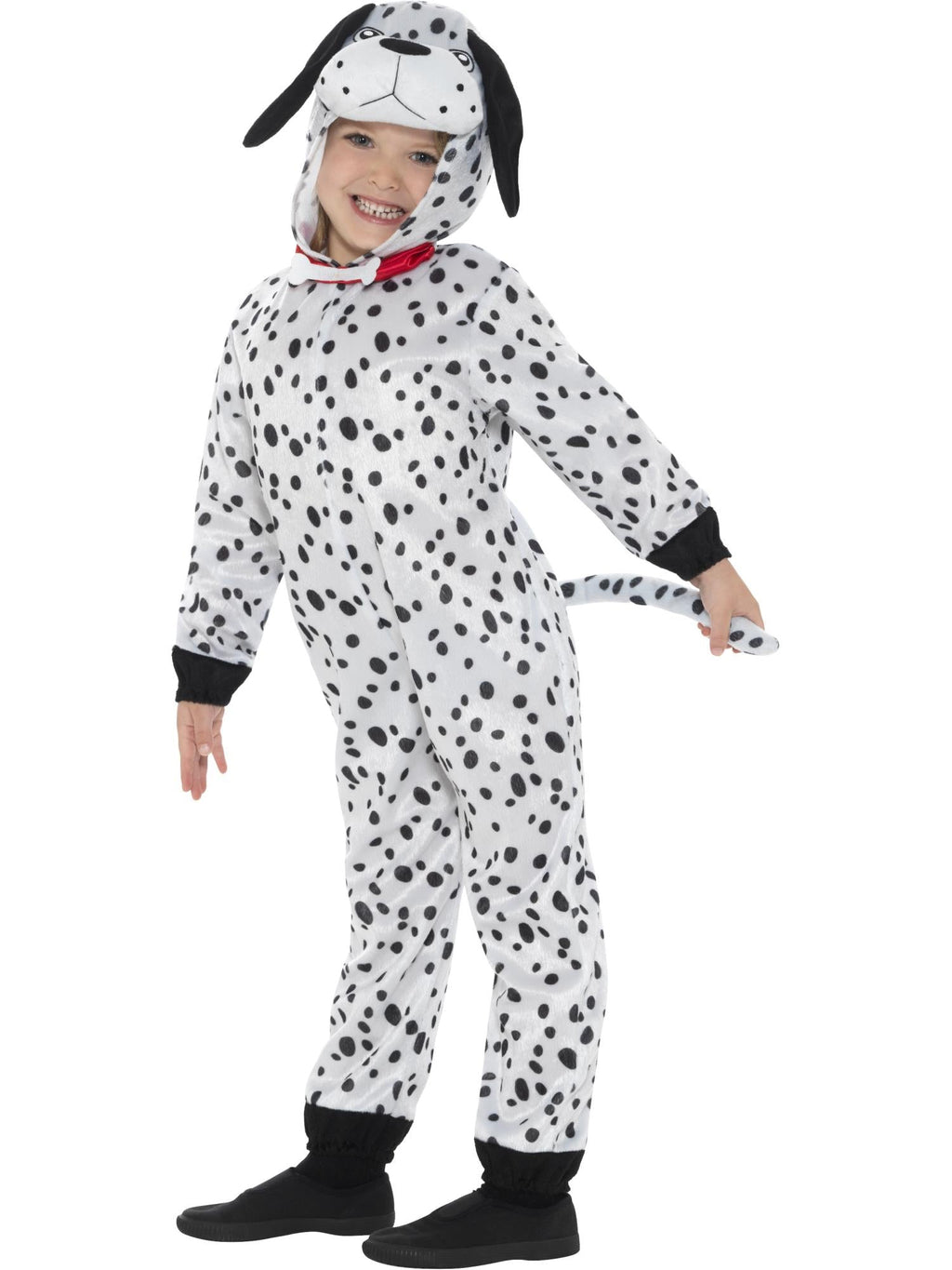 Side view of the Dalmatian plush jumpsuit with hood and tail