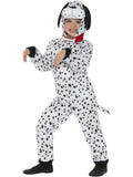 Child in spotty Dalmatian plush jumpsuit with hood, floppy ears, red collar and tail