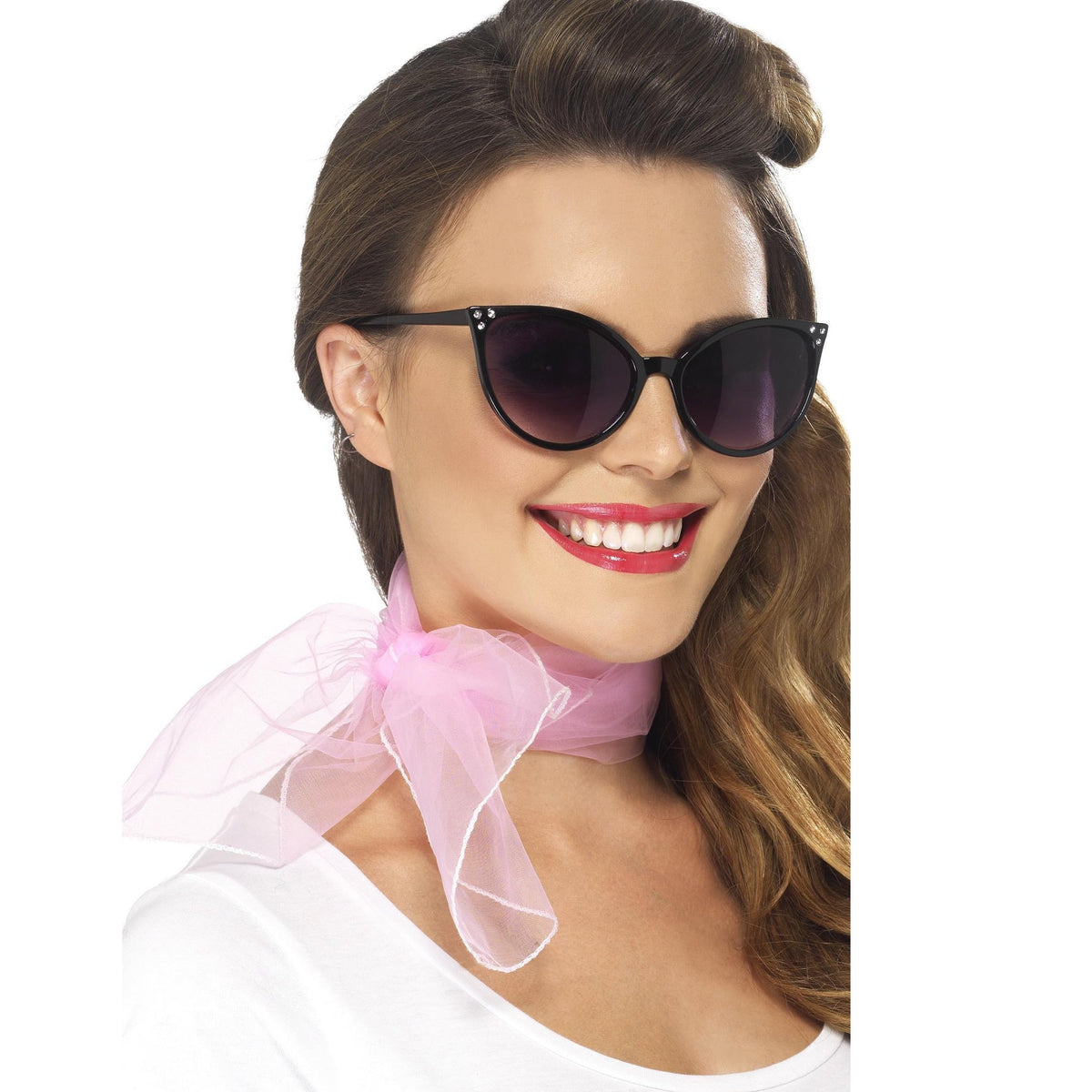 Woman wearing a sheer pink 50s neck scarf tied in a bow