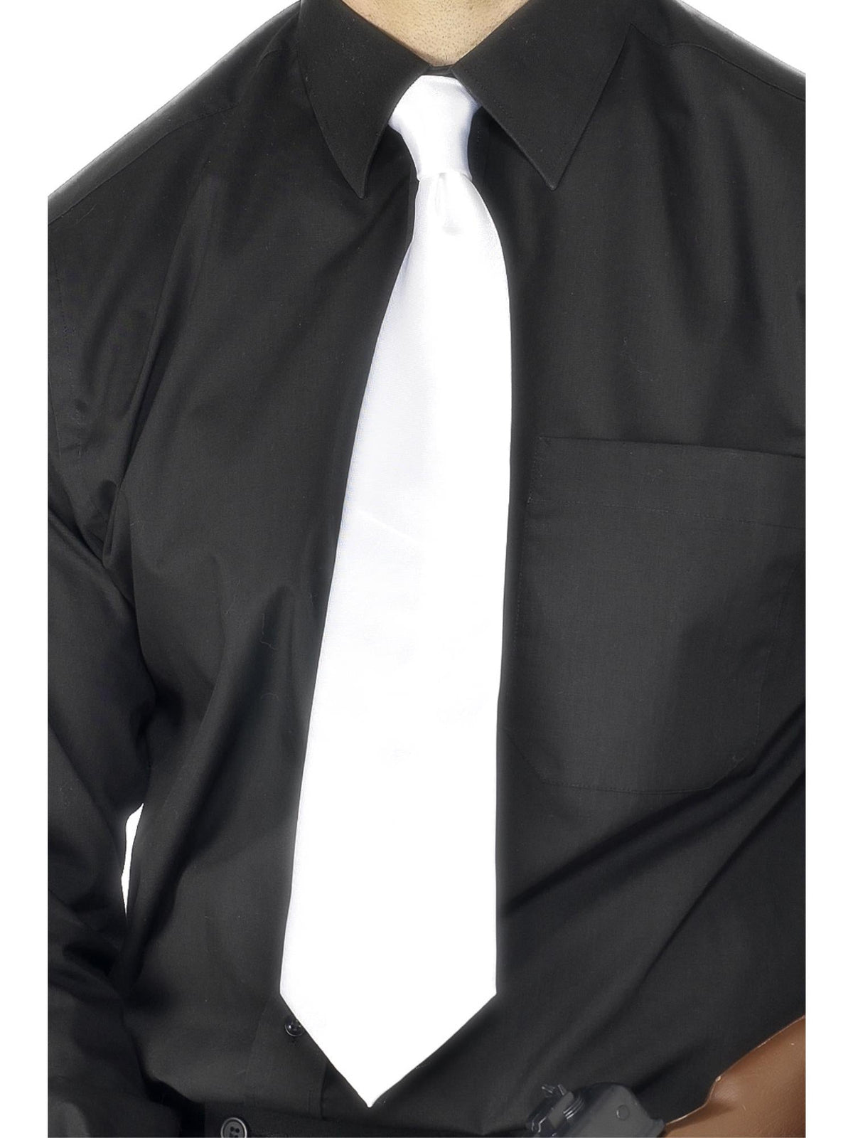 White deluxe gangster tie worn with a black shirt