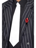White gangster tie worn with a black shirt and pinstripe suit