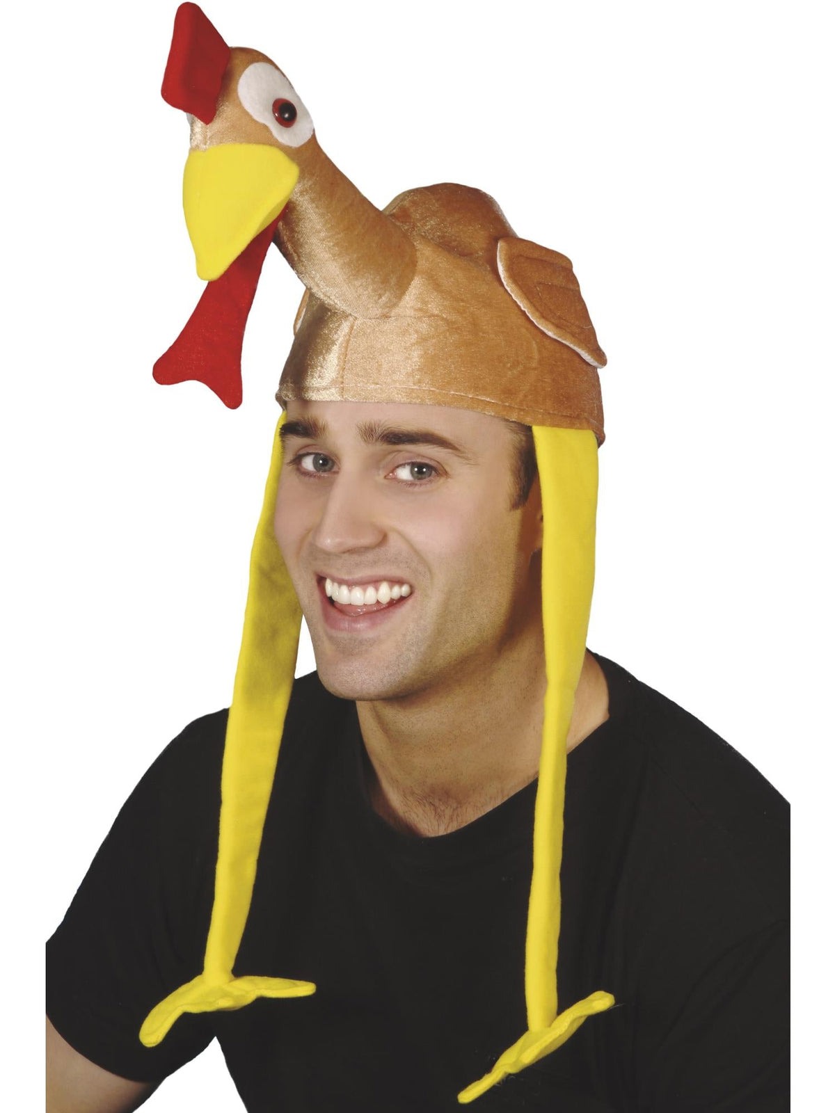 Man wearing a plush roast turkey hat with dangling yellow legs