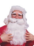 Man wearing a curly white Santa wig with matching beard and moustache