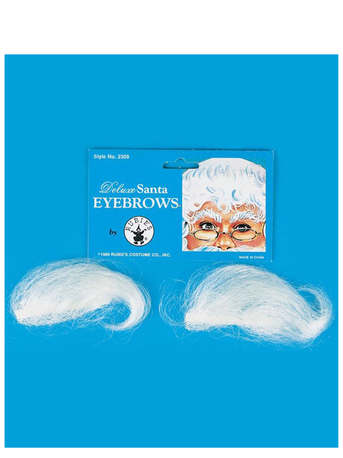 Pair of bushy white Santa eyebrows in retail packaging
