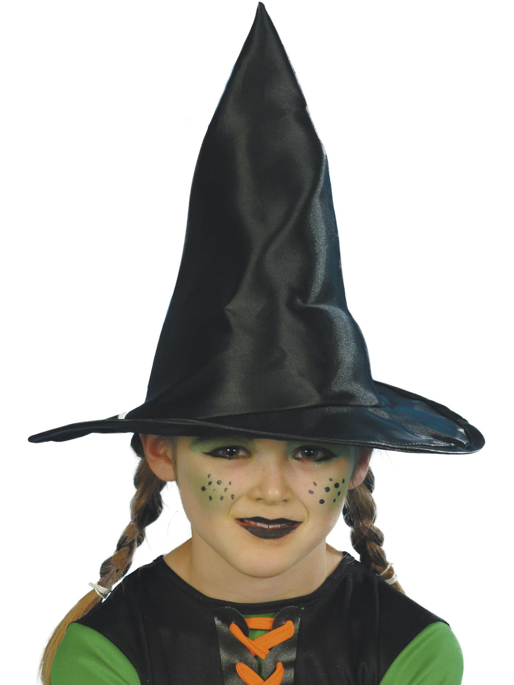 Girl wearing a black satin pointed witch hat
