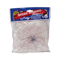White stretchy spider web with plastic spiders in retail packaging