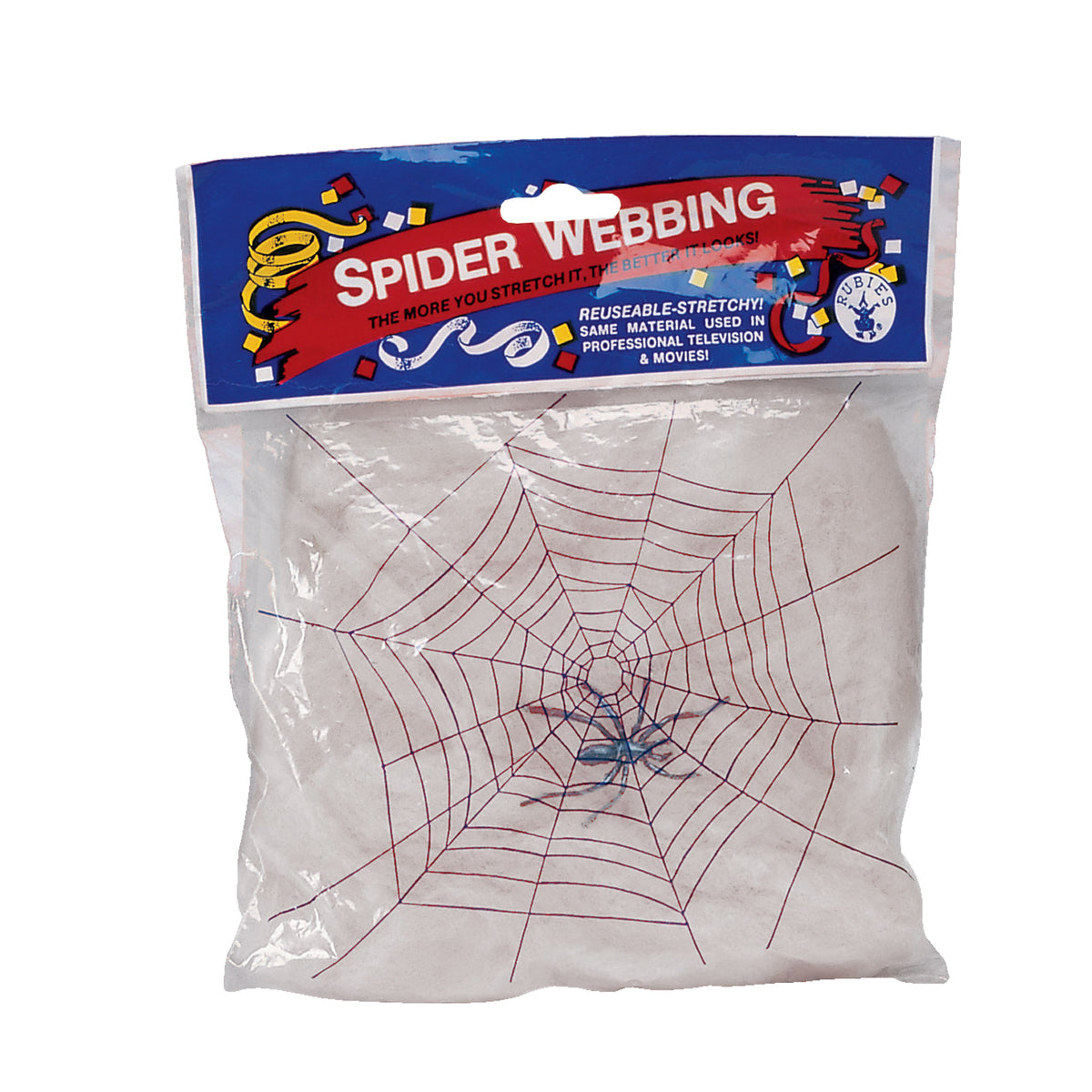 White stretchy spider web with plastic spiders in retail packaging