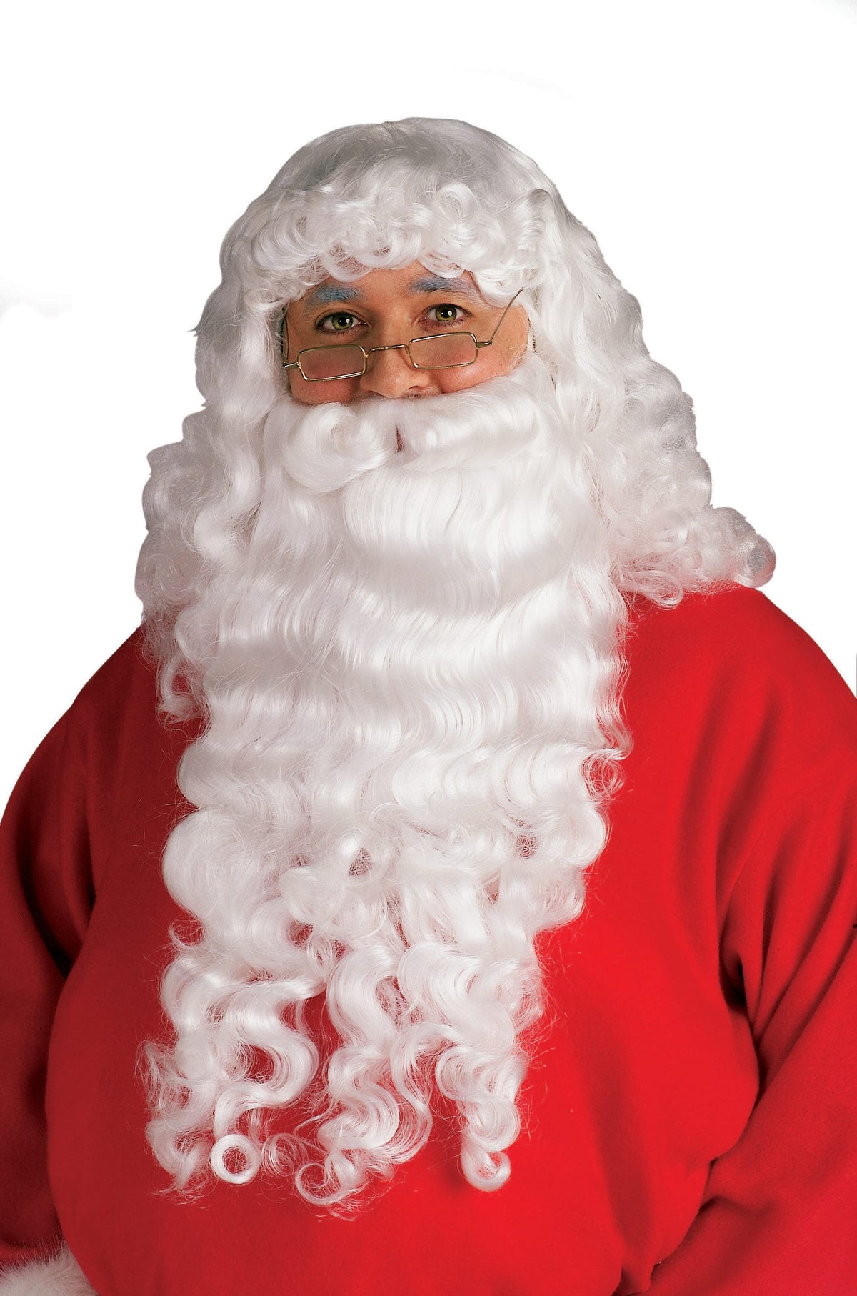 Man wearing a deluxe long curly white Santa wig and beard