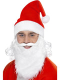 Man wearing a red Santa hat with attached curly white wig, glasses and white beard