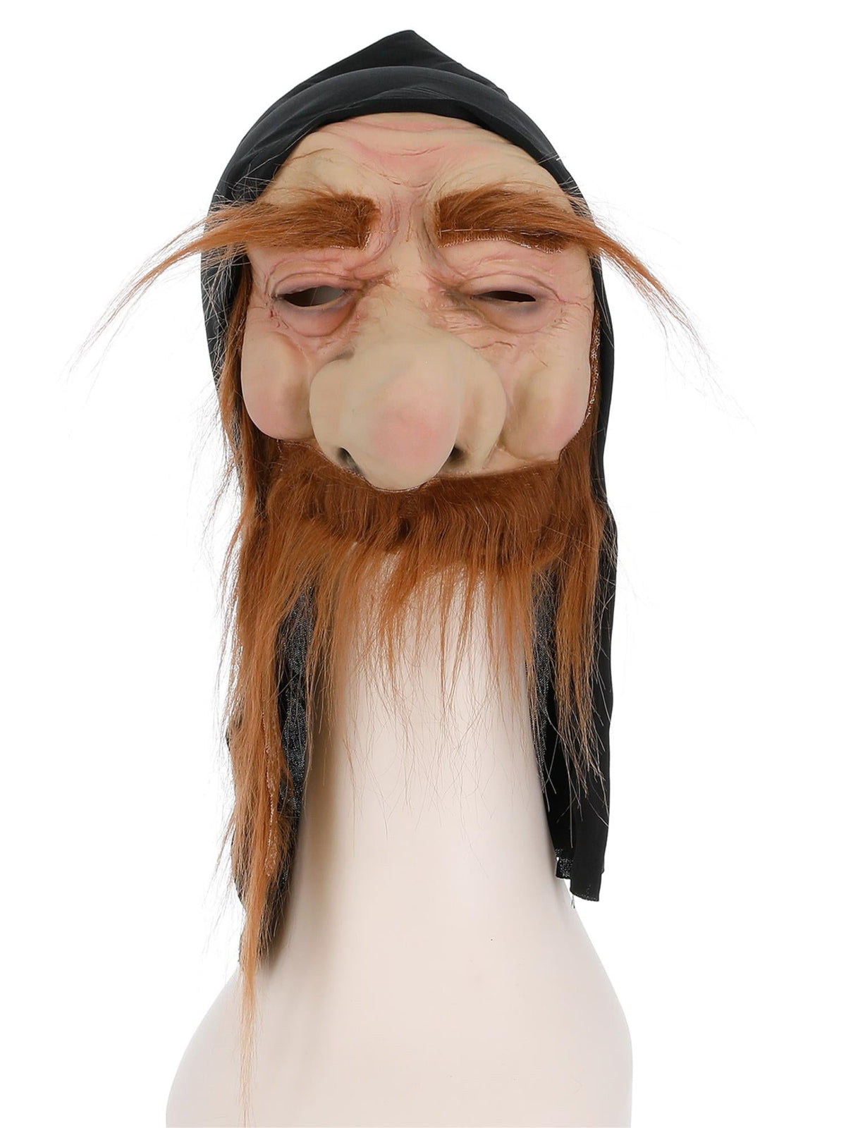 Gold digger hooded half mask with attached faux hair shown on its own