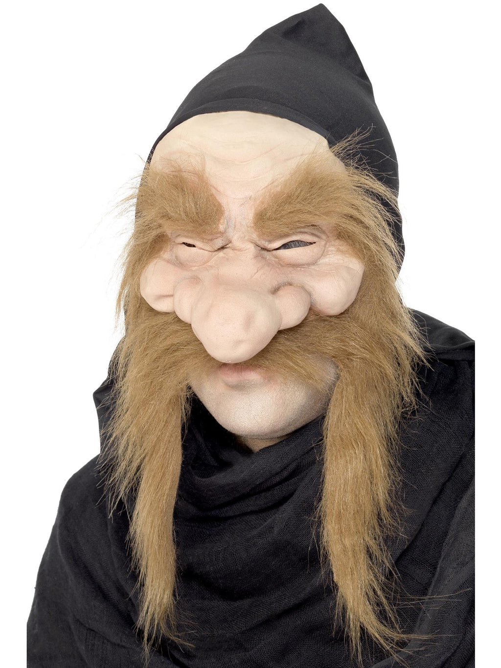 Person wearing a gold digger half face mask with black hood, bulbous nose and long ginger hair