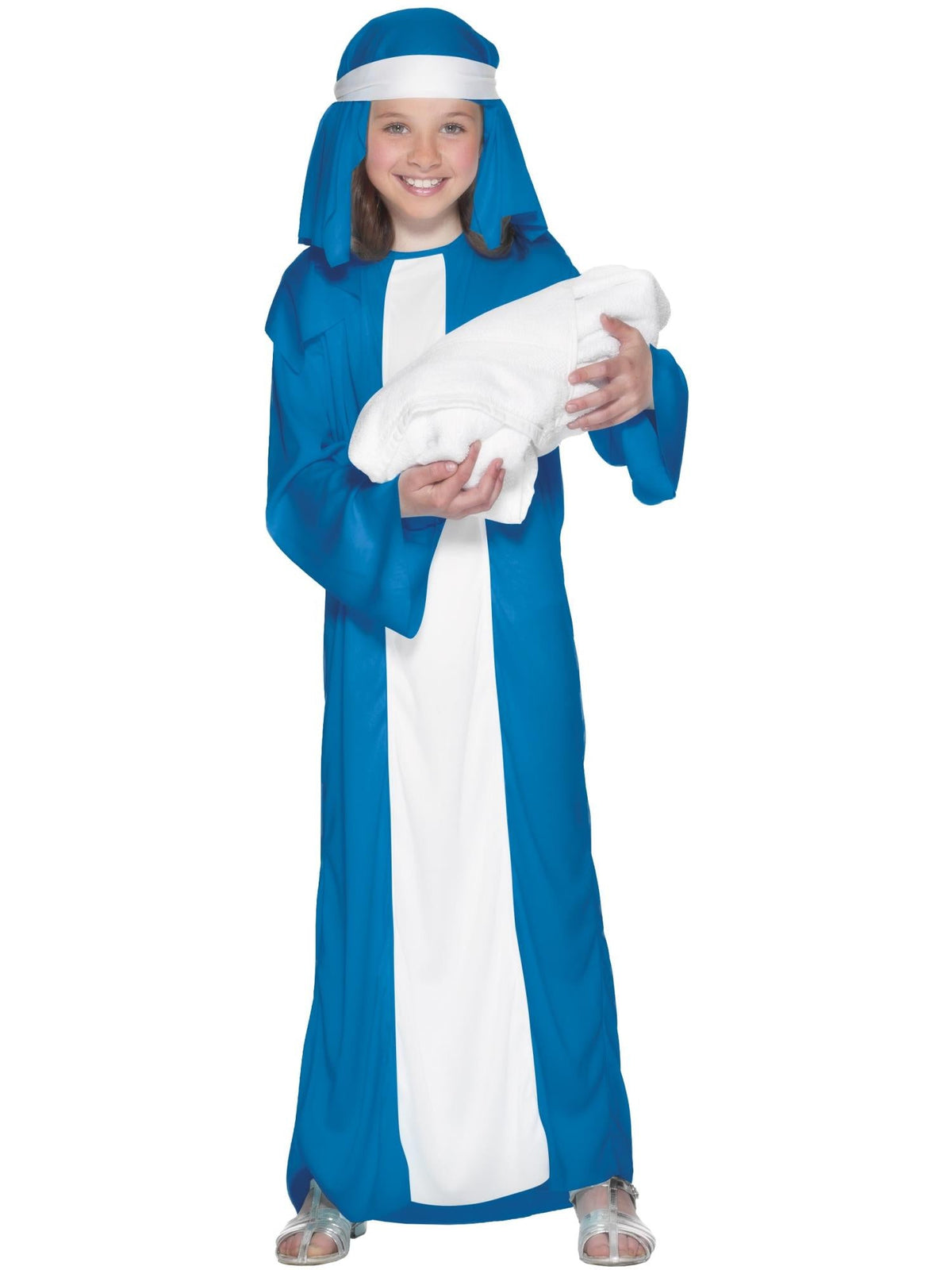 Girl in the Mary nativity costume with a long blue dress, white front panel and soft blue hood with headband