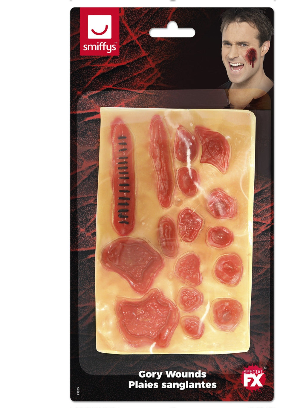 Pack of 16 flesh-coloured self-adhesive gory wounds in 12 designs