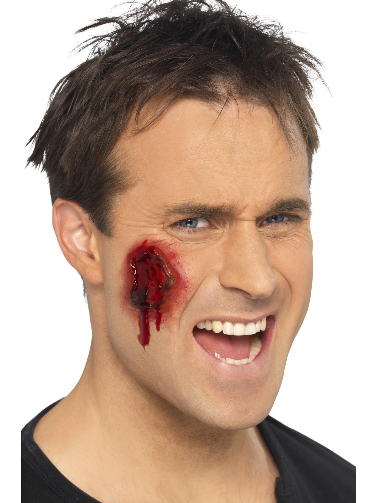Man wearing a bloody gory wound on his cheek