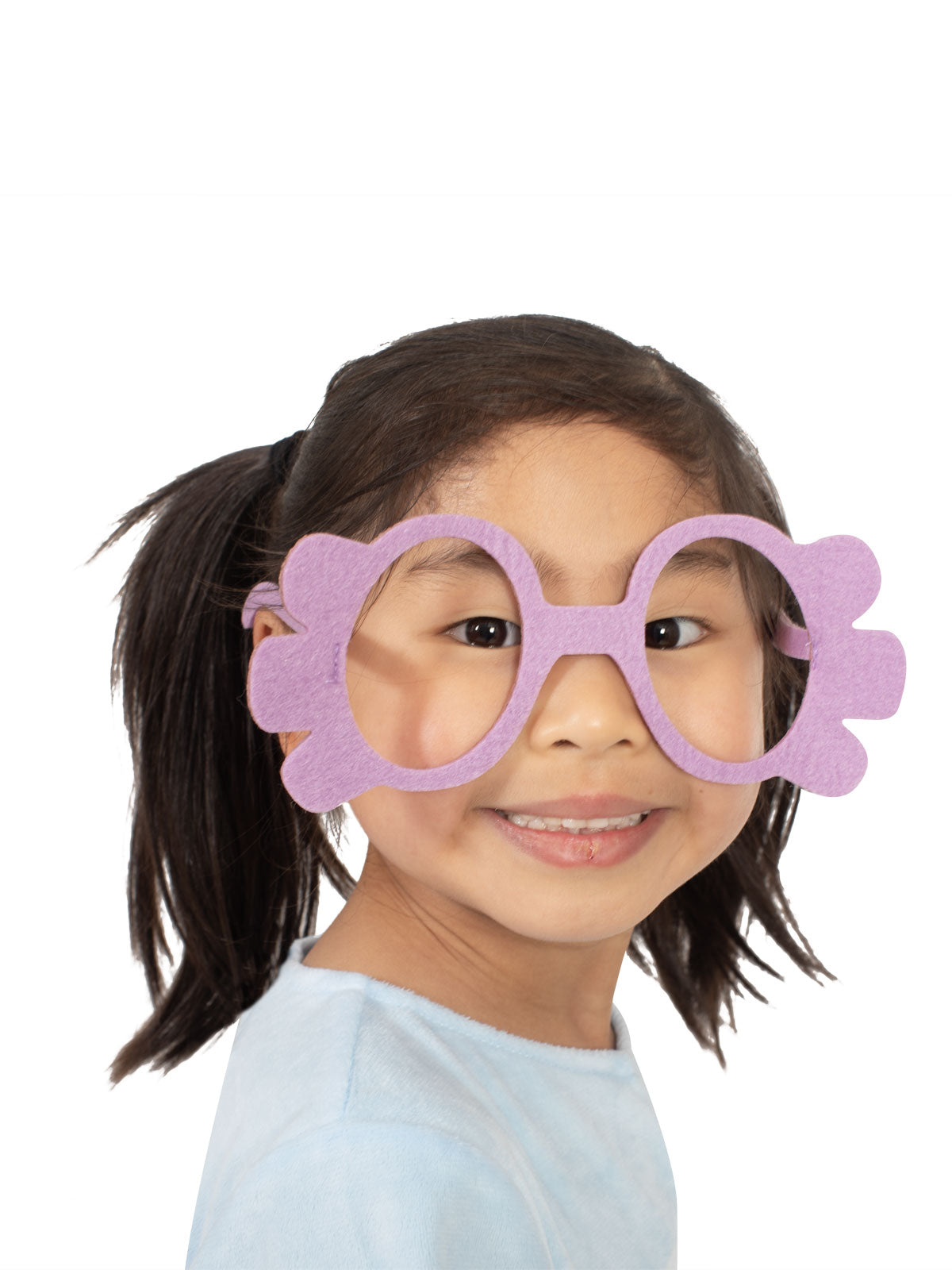 Girl wearing oversized purple felt Bluey granny glasses