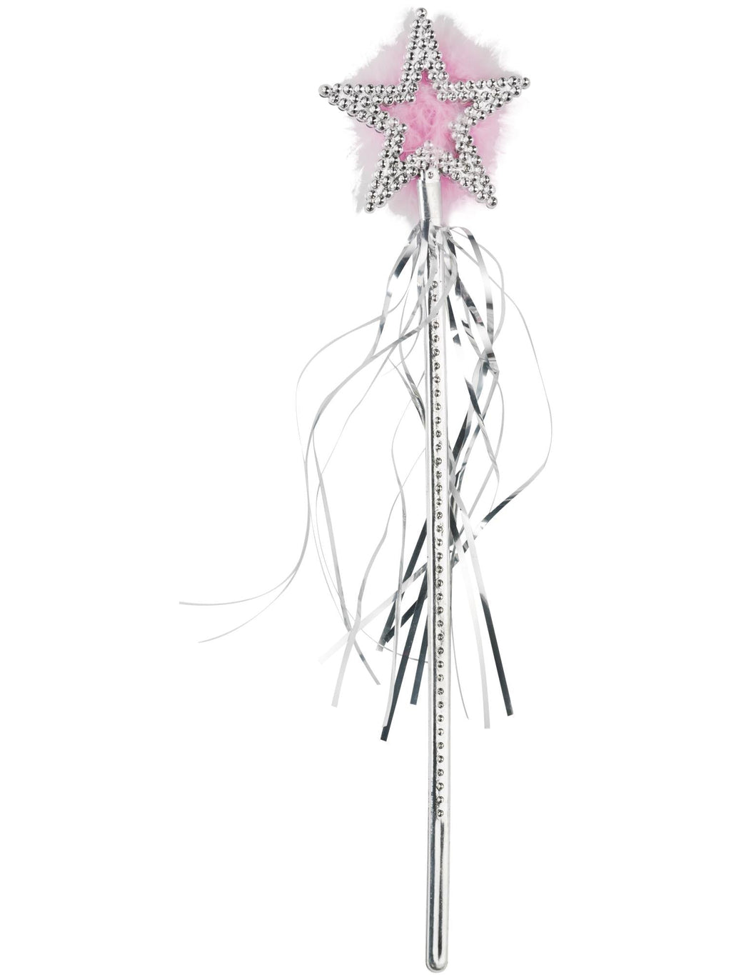 Silver star wand with pink marabou centre and silver tinsel streamers