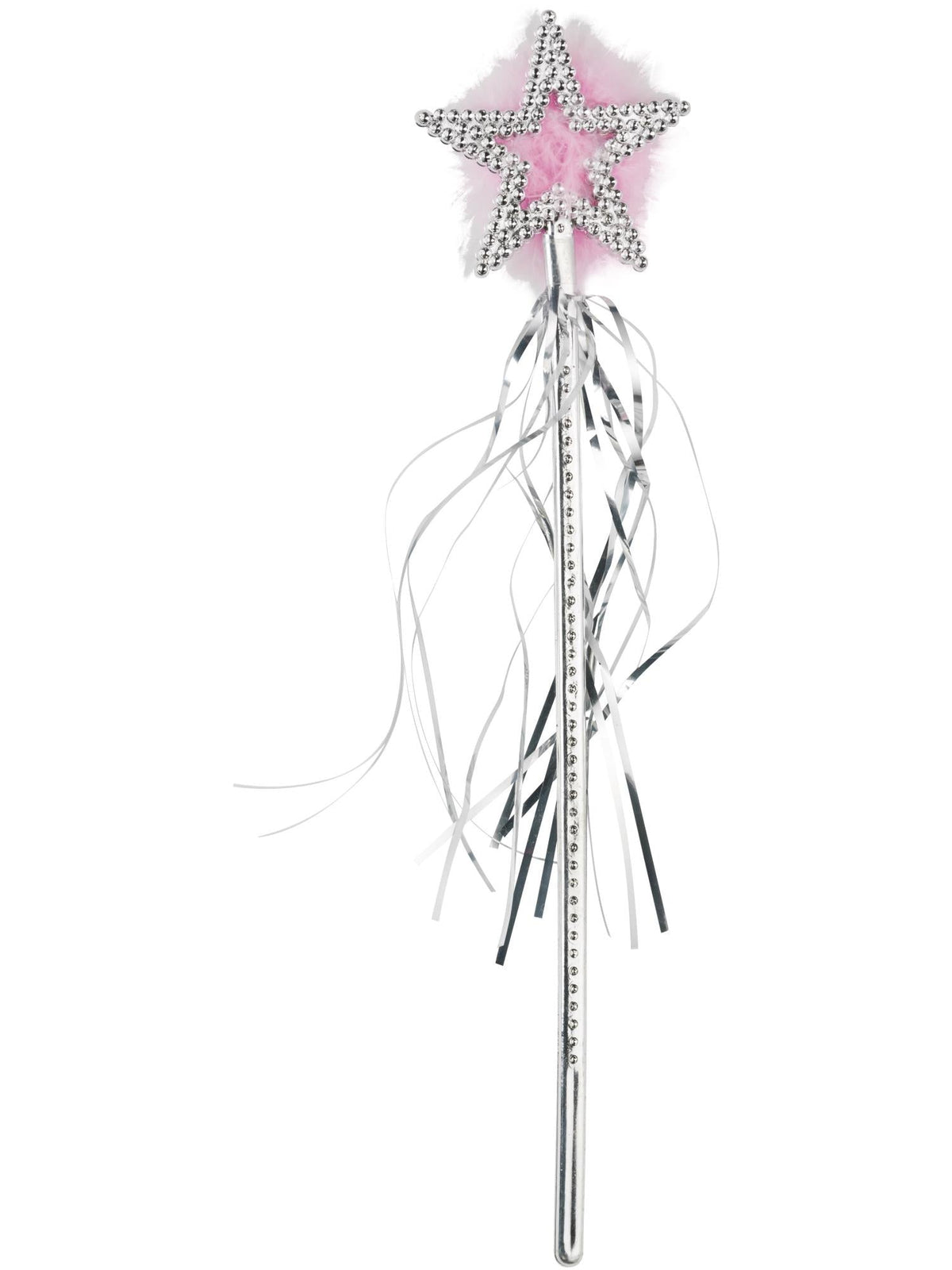 Silver star wand with pink marabou centre and silver tinsel streamers