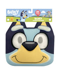 Bluey 3D foam face mask in blue and tan, in its retail packaging