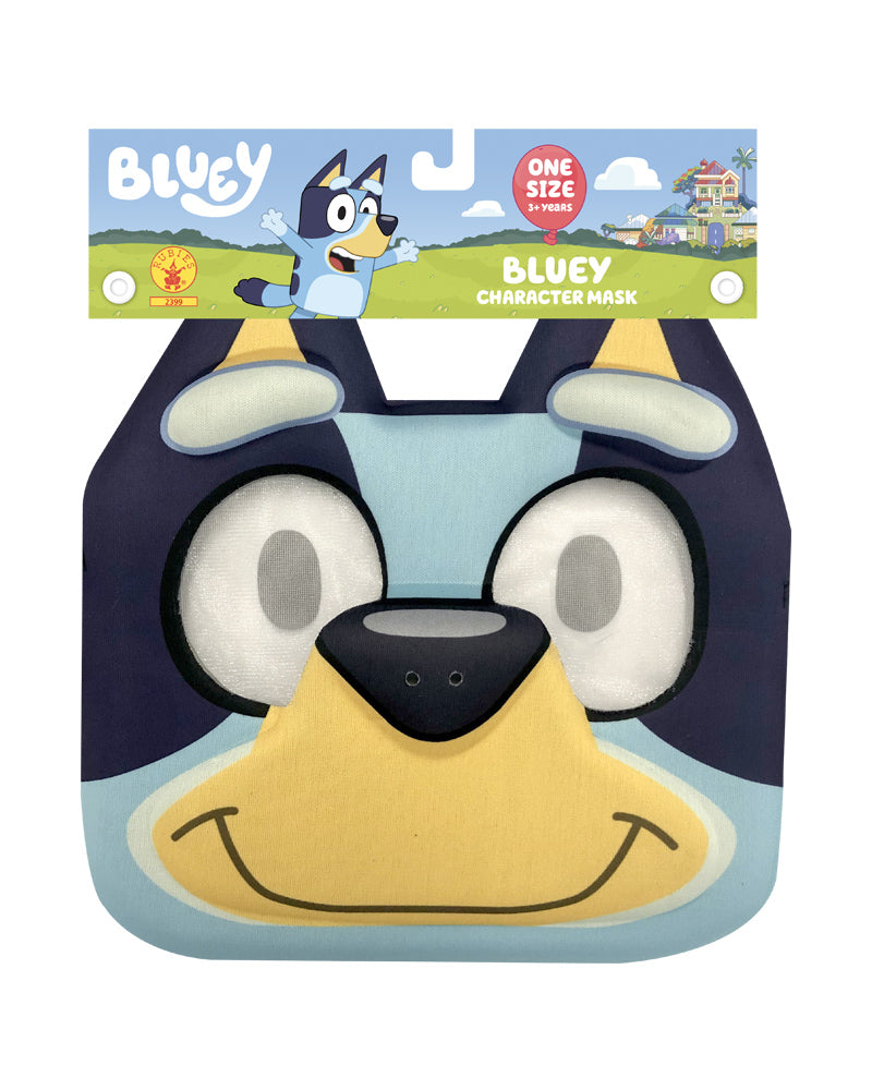 Bluey 3D foam face mask in blue and tan, in its retail packaging