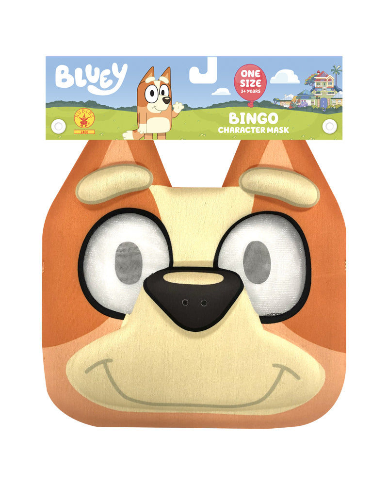 Bluey Bingo 3D foam face mask in orange and cream, in its retail packaging