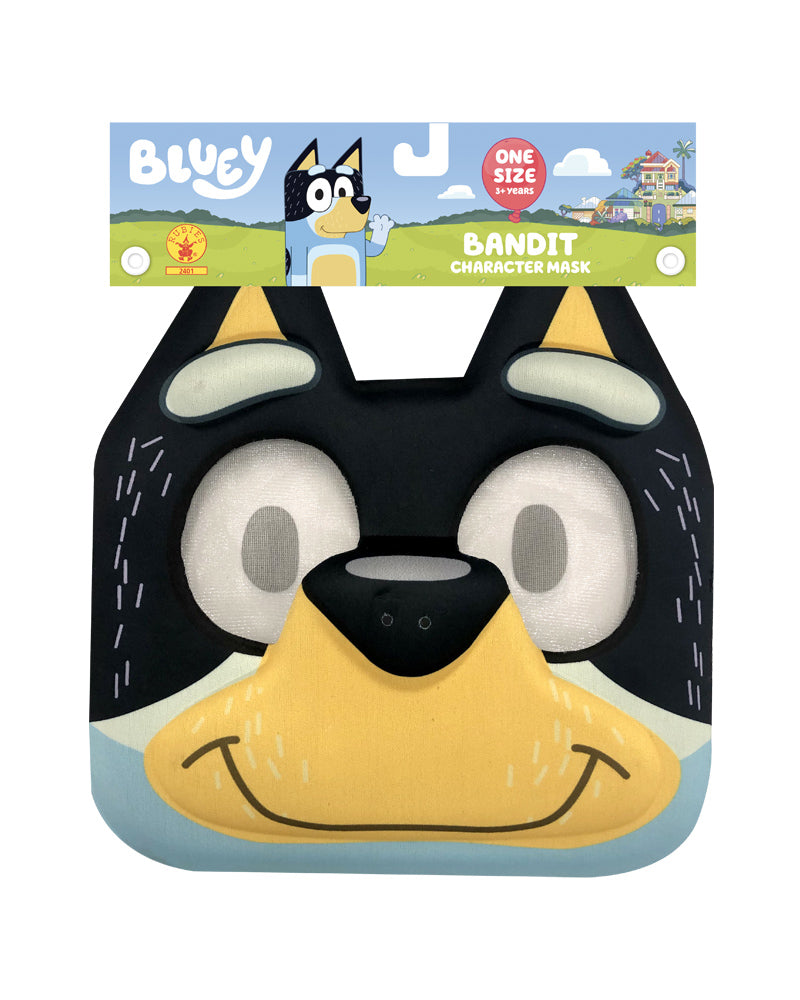Bluey Bandit 3D foam face mask in black and tan, in its retail packaging