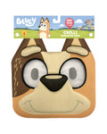 Bluey Chilli 3D foam face mask in tan and brown, in its retail packaging