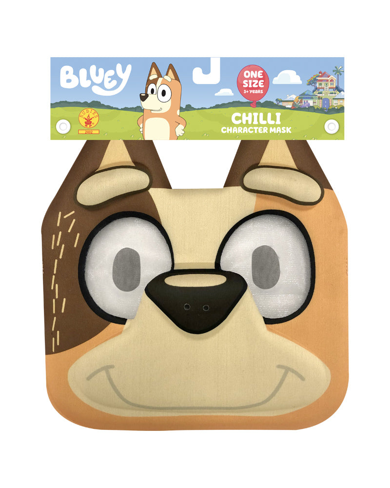 Bluey Chilli 3D foam face mask in tan and brown, in its retail packaging