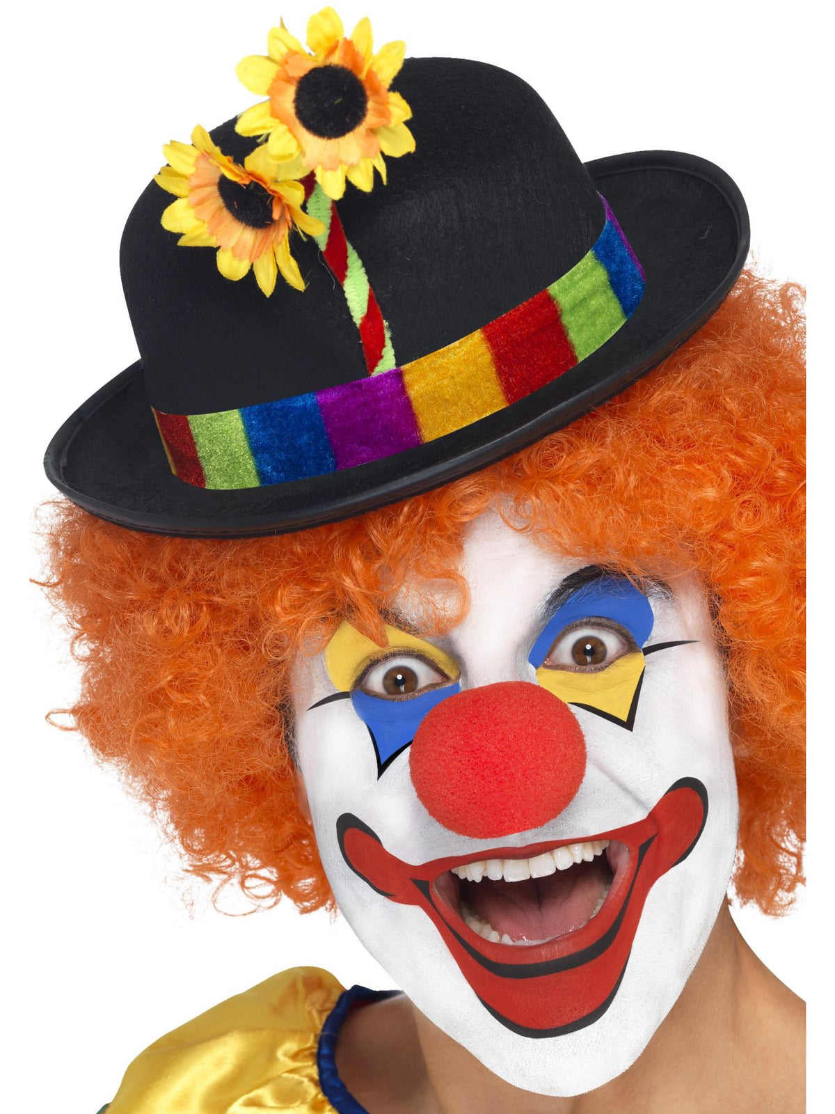 Clown wearing a black bowler hat with rainbow band and sunflowers