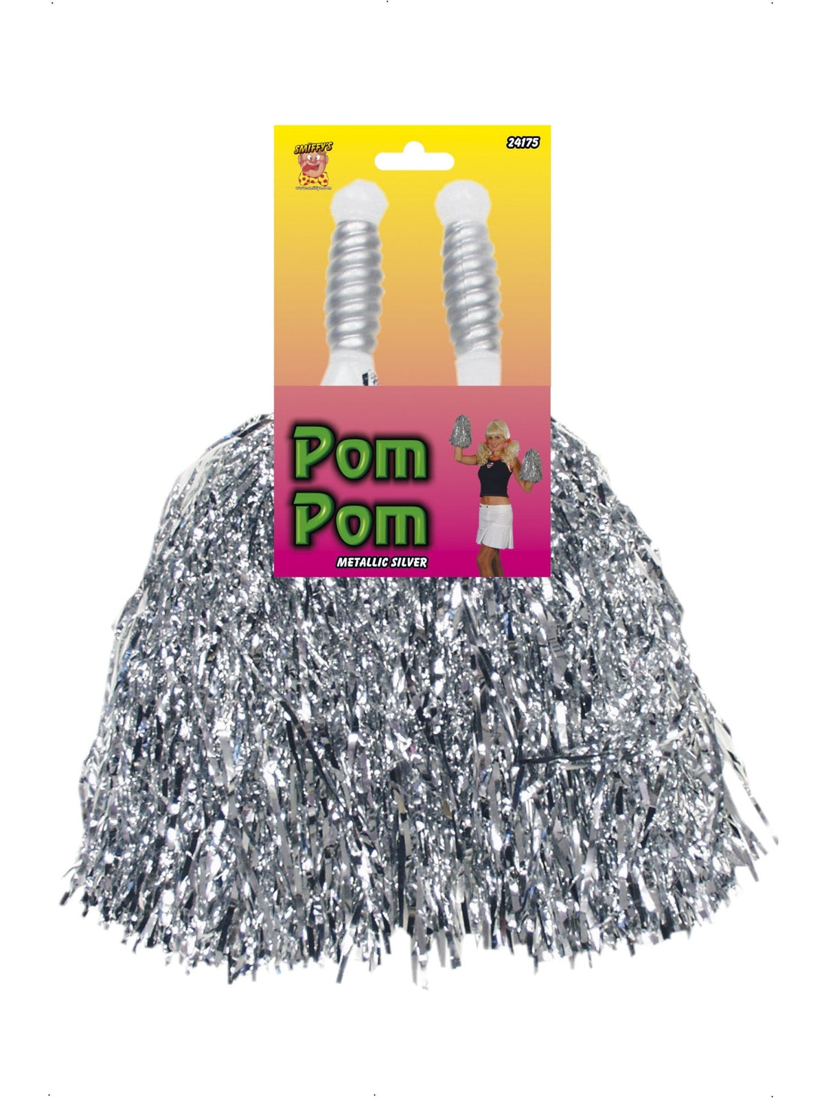 Silver pom poms in their retail packaging