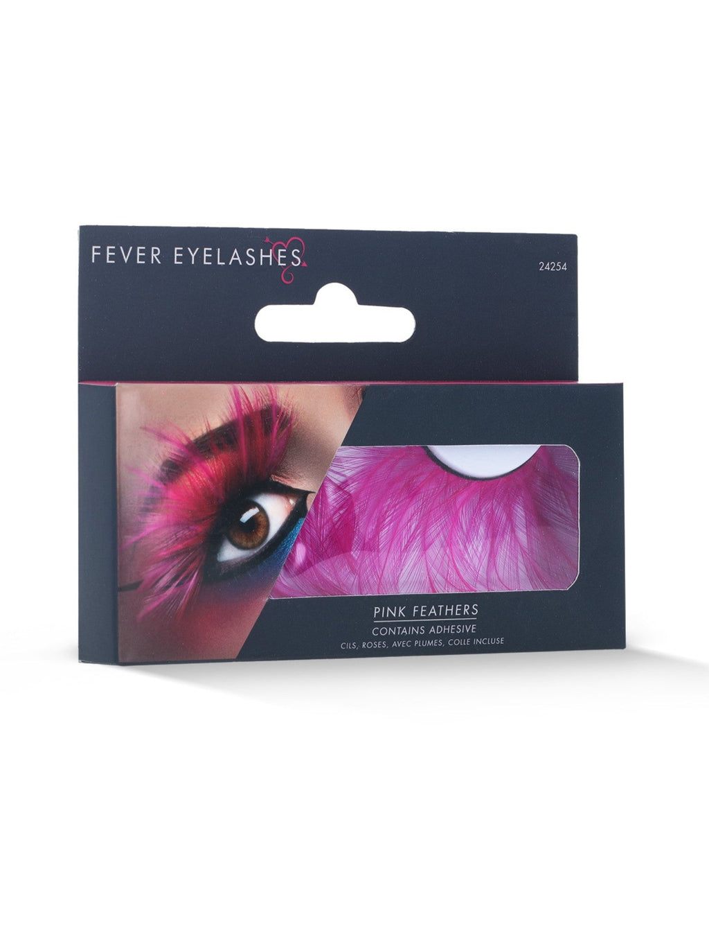 Pink feather plume eyelashes in their retail packaging