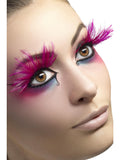 Close-up of pink false eyelashes with feather plumes