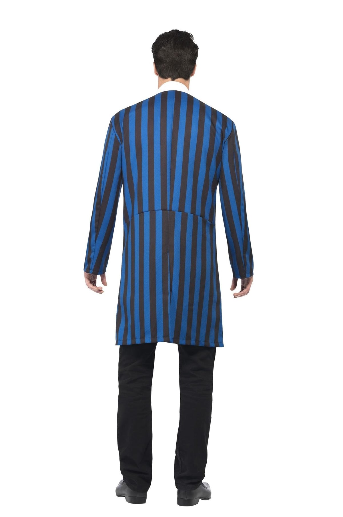 Back of long blue and black Gomez Addams jacket with mock shirt and bowtie