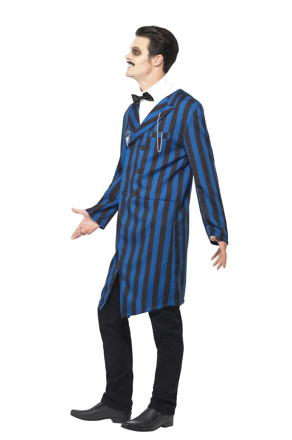 Side of long blue and black Gomez Addams jacket with mock shirt and bowtie