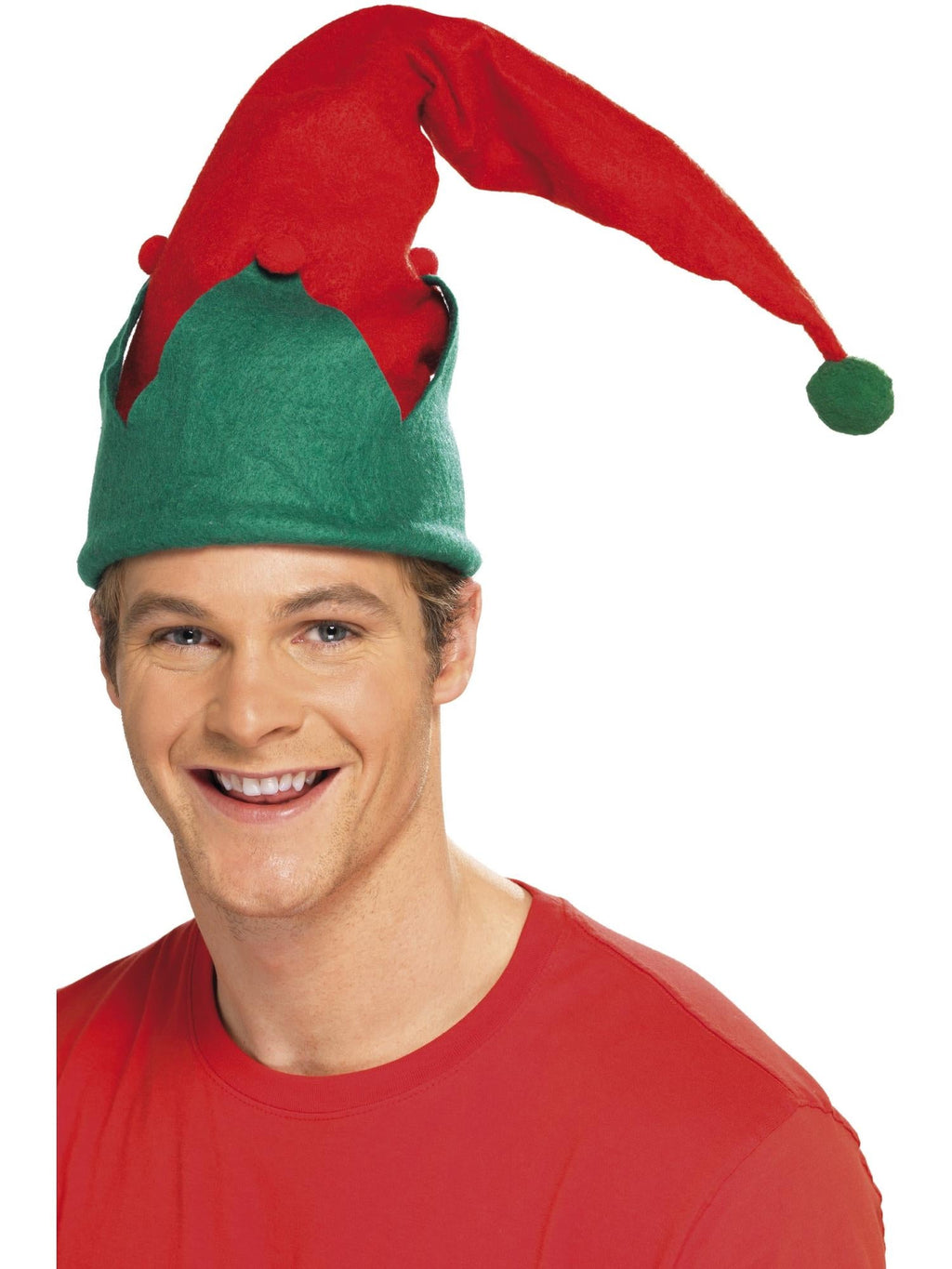 Man wearing a green and red felt elf hat with pom pom