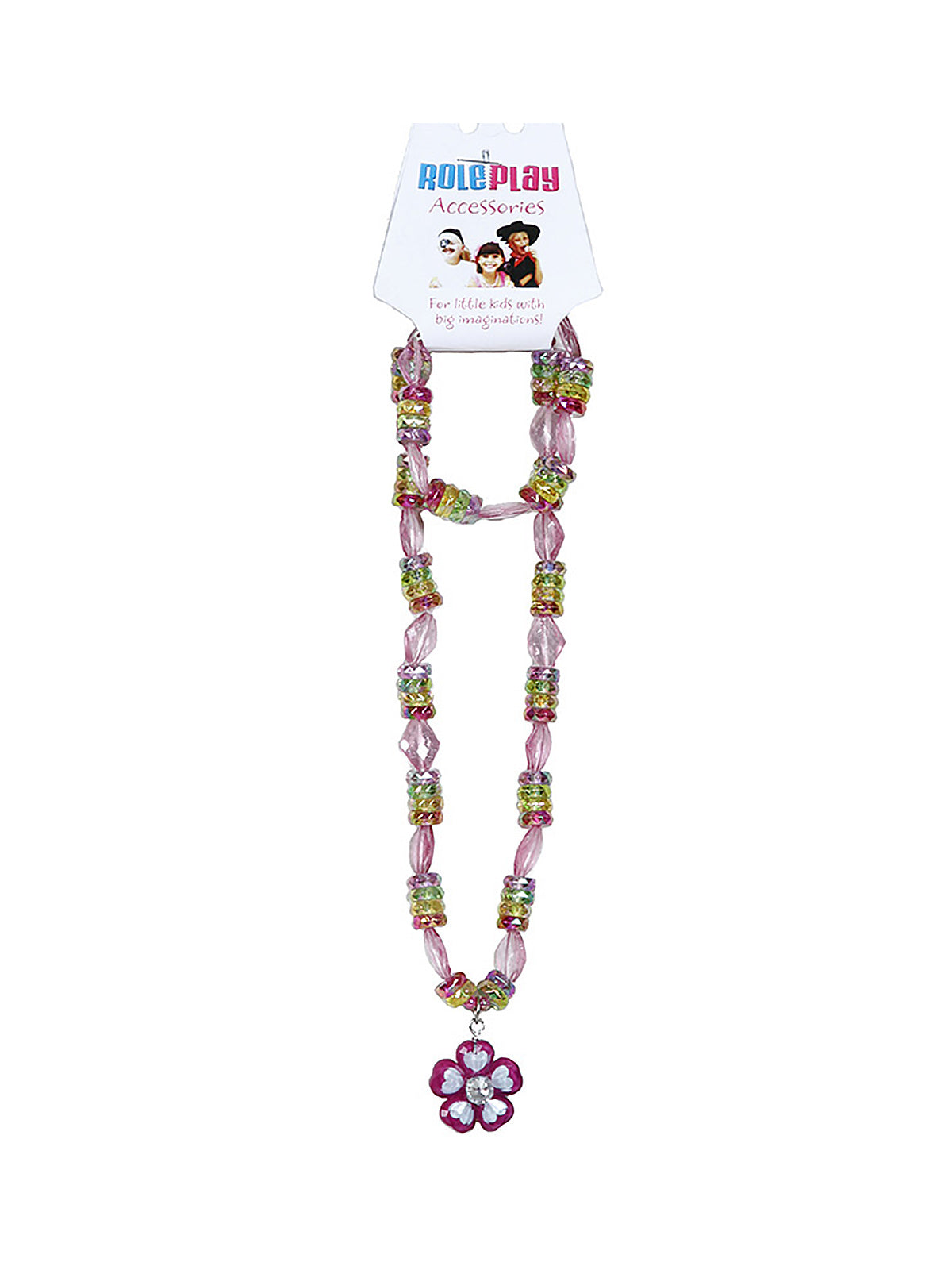 Pink and gold beaded necklace for kids with a flower pendant