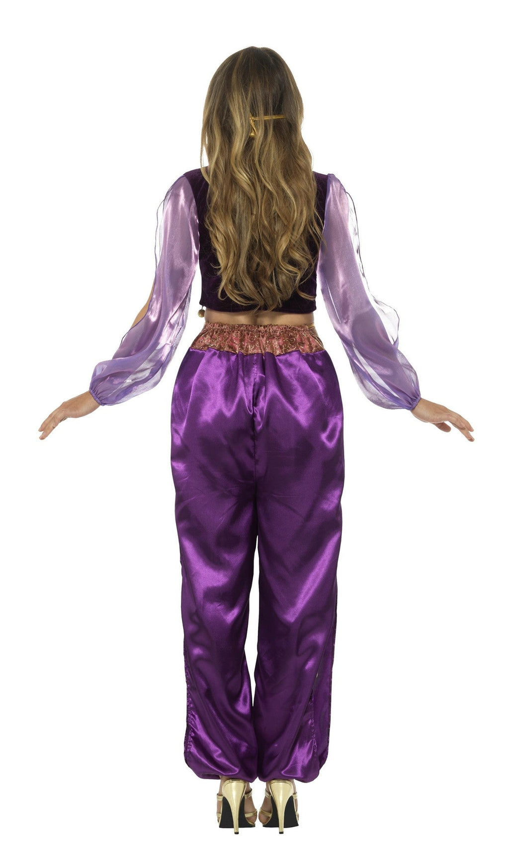 Back of a woman wearing a purple Arabian costume with sheer sleeves on a white background