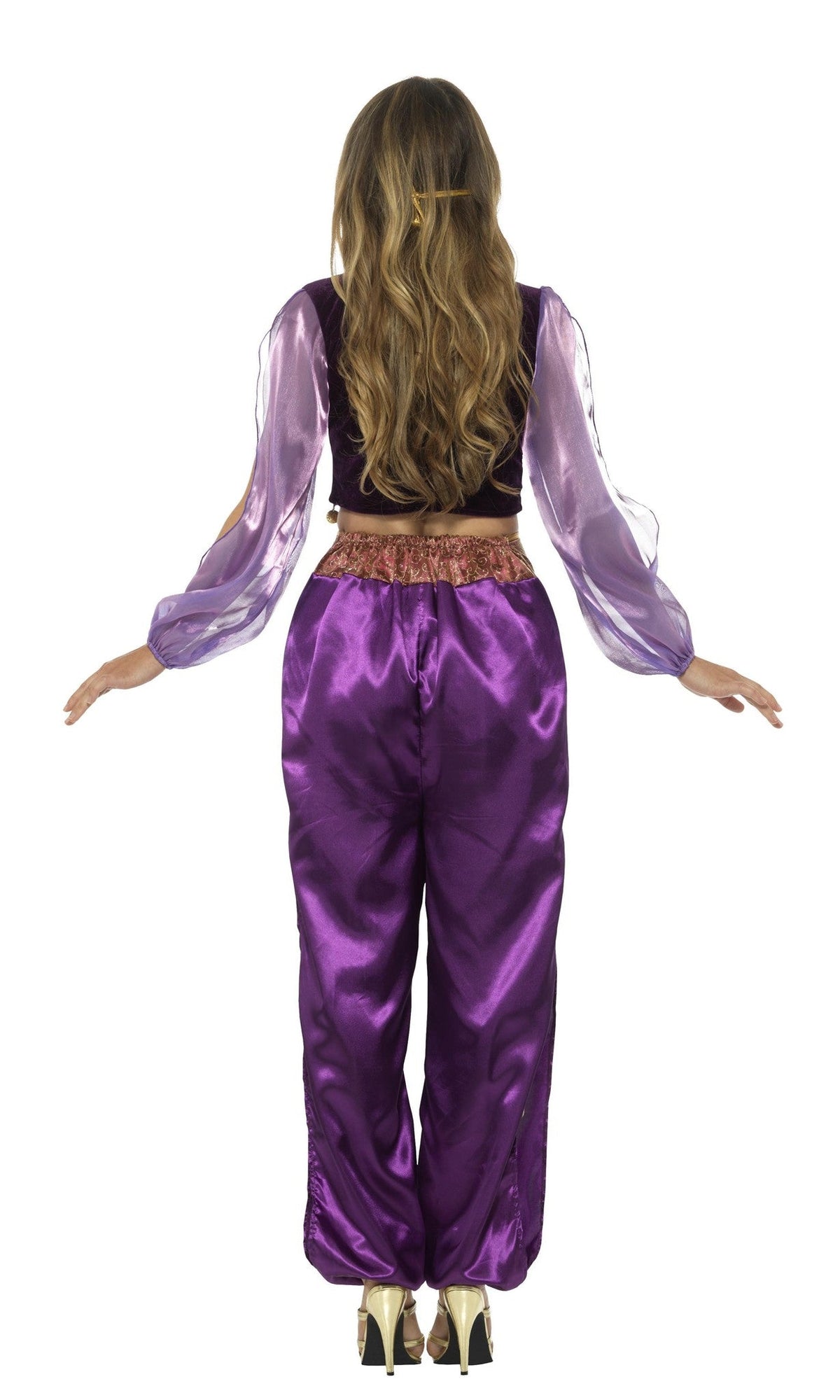 Back of a woman wearing a purple Arabian costume with sheer sleeves on a white background