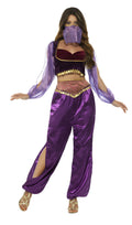 Woman wearing a purple Arabian costume with gold accents on a white background